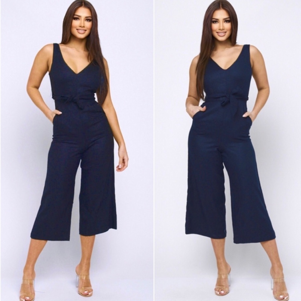New! Flattering Dark Navy Culotte Wide Leg V-neck Jumpsuit - Picture 2 of 3